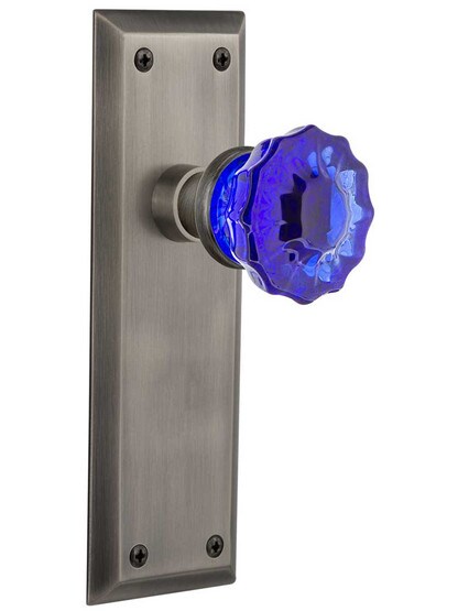 New York Door Set with Colored Fluted Crystal Glass Knobs Cobalt Blue in Antique Pewter.